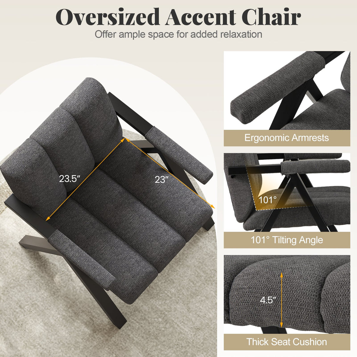 Oversized Accent Chair with Metal Frame and Armrests-Gray view 7