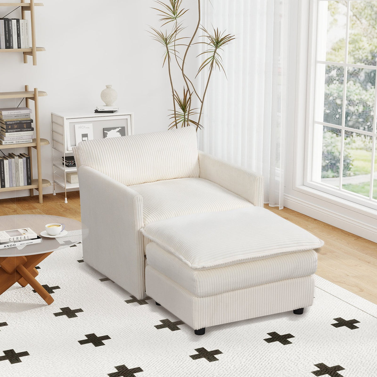 Oversized Accent Chair with Ottoman with Soft Corduroy Cushions-Beige view 2