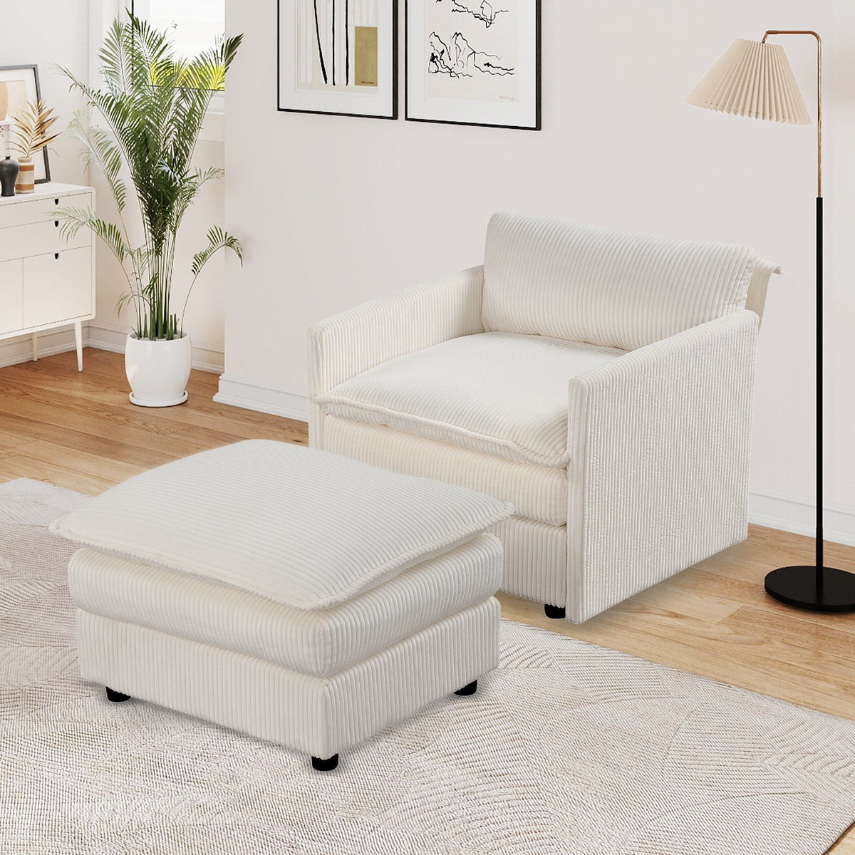 Oversized Accent Chair with Ottoman with Soft Corduroy Cushions-Beige view 3