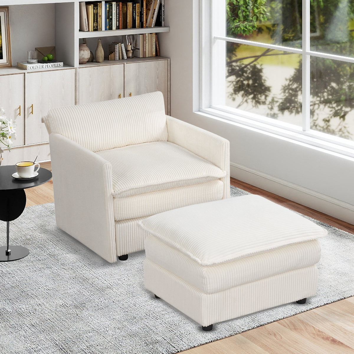 Oversized Accent Chair with Ottoman with Soft Corduroy Cushions-Beige view 5