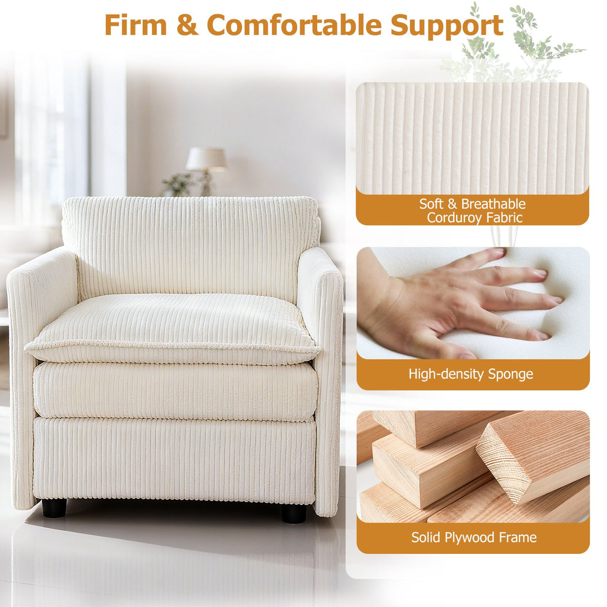 Oversized Accent Chair with Ottoman with Soft Corduroy Cushions-Beige view 6
