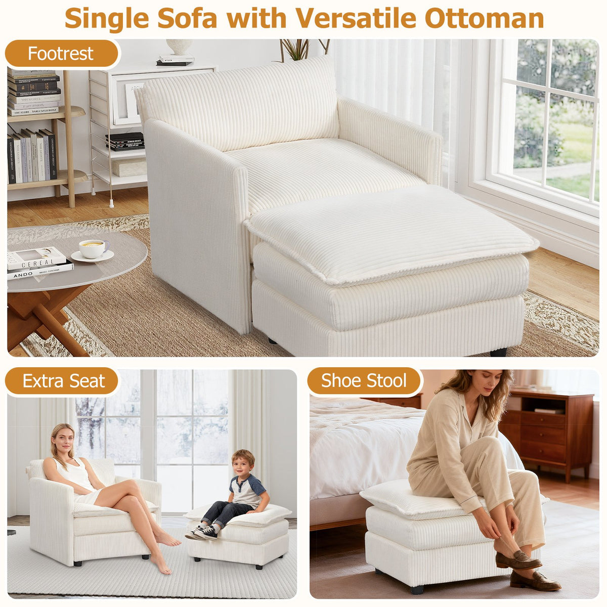 Oversized Accent Chair with Ottoman with Soft Corduroy Cushions-Beige view 8