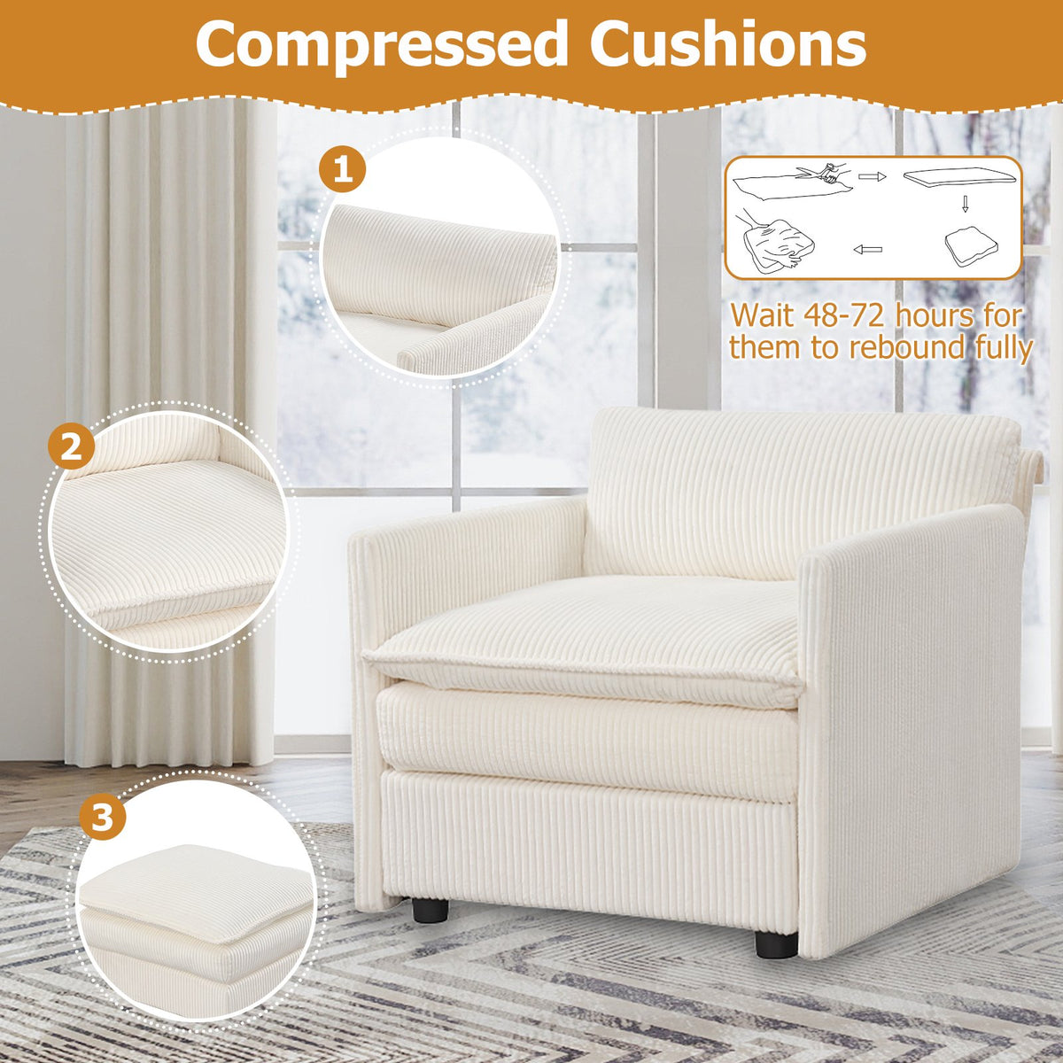 Oversized Accent Chair with Ottoman with Soft Corduroy Cushions-Beige view 9