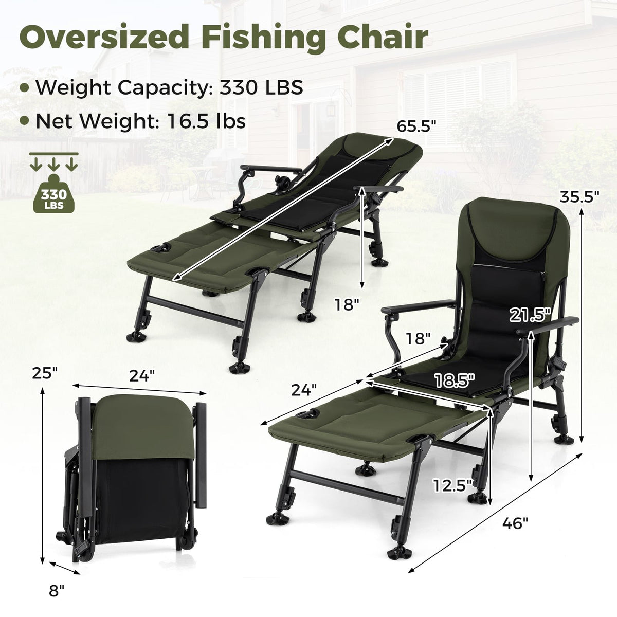 Oversized Foldable Fishing Chair with Detachable Footrest-Green view 4