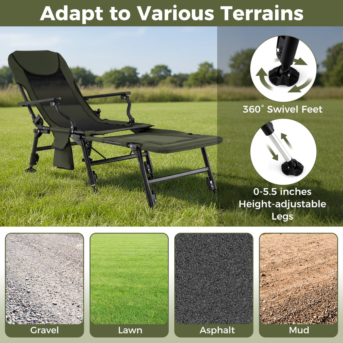 Oversized Foldable Fishing Chair with Detachable Footrest-Green view 6