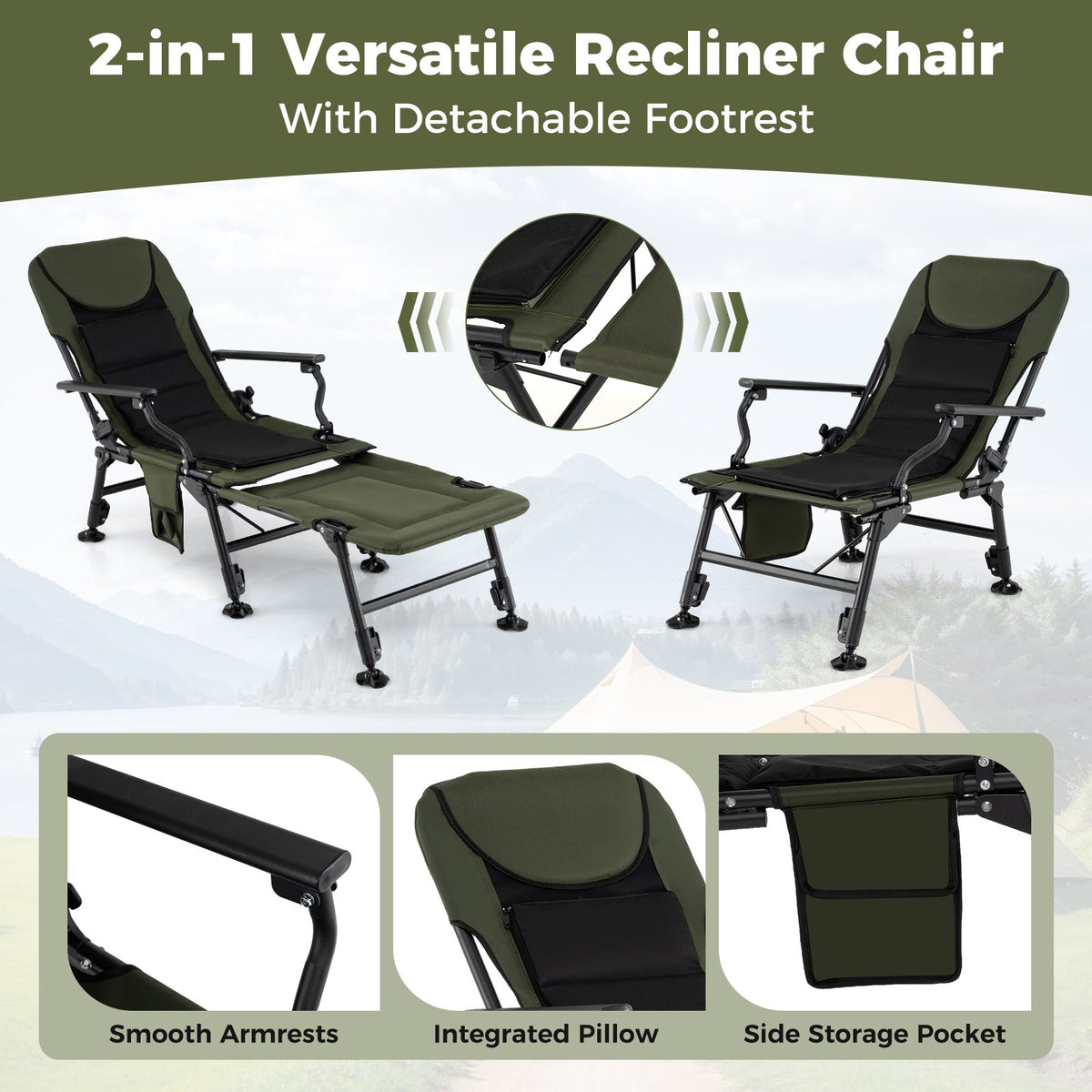 Oversized Foldable Fishing Chair with Detachable Footrest-Green view 9