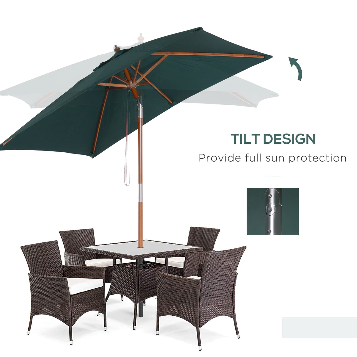 6.6x5ft Square Market Parasol, Wooden Patio Umbrella with Tilt Mechanism and 6 Bamboo Ribs – view 10