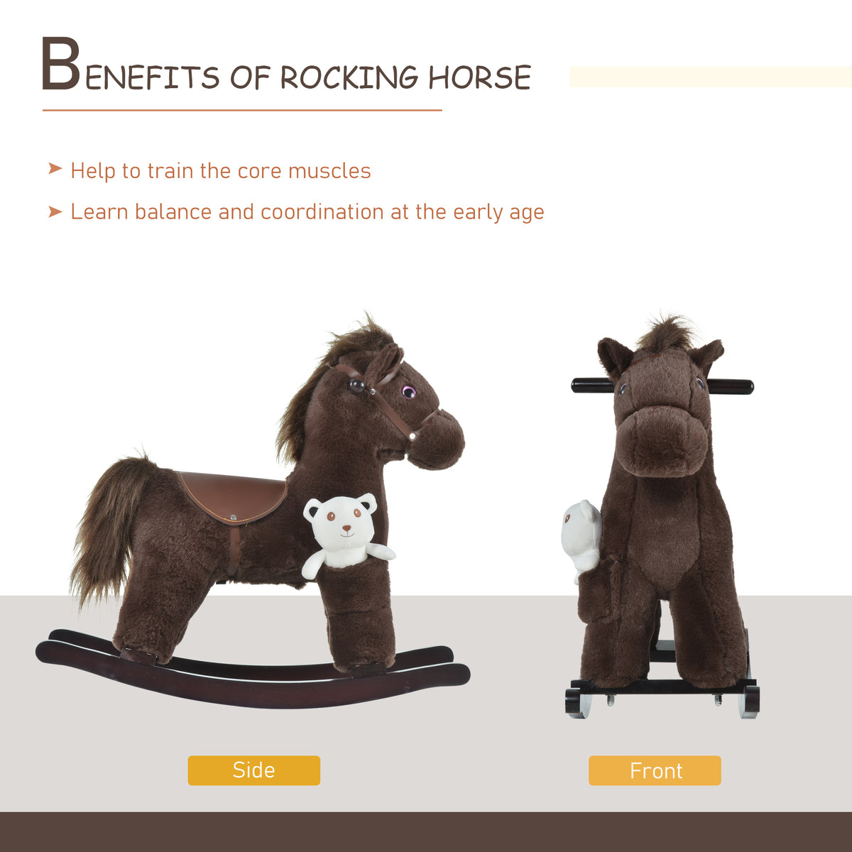 Qaba Kids Rocking Horse Plush Animal on Wooden Rockers with Sounds, Wooden Base and Bear Toy, Baby Rocking Chair