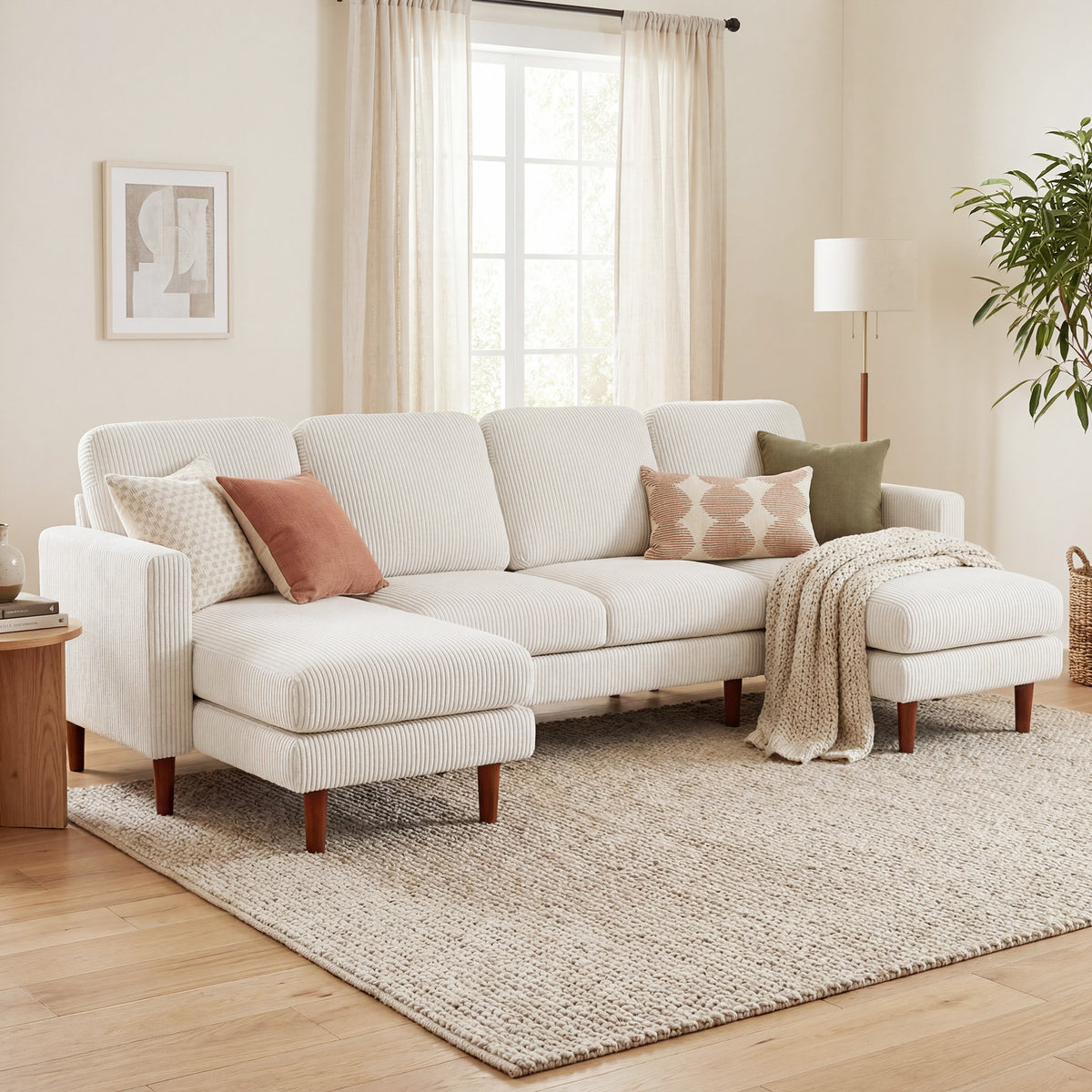 Sectional Sofa, Corduroy U Shaped Couch with Double Chaise and Spring Cushions, 2200lb Capacity, Beige – view 7