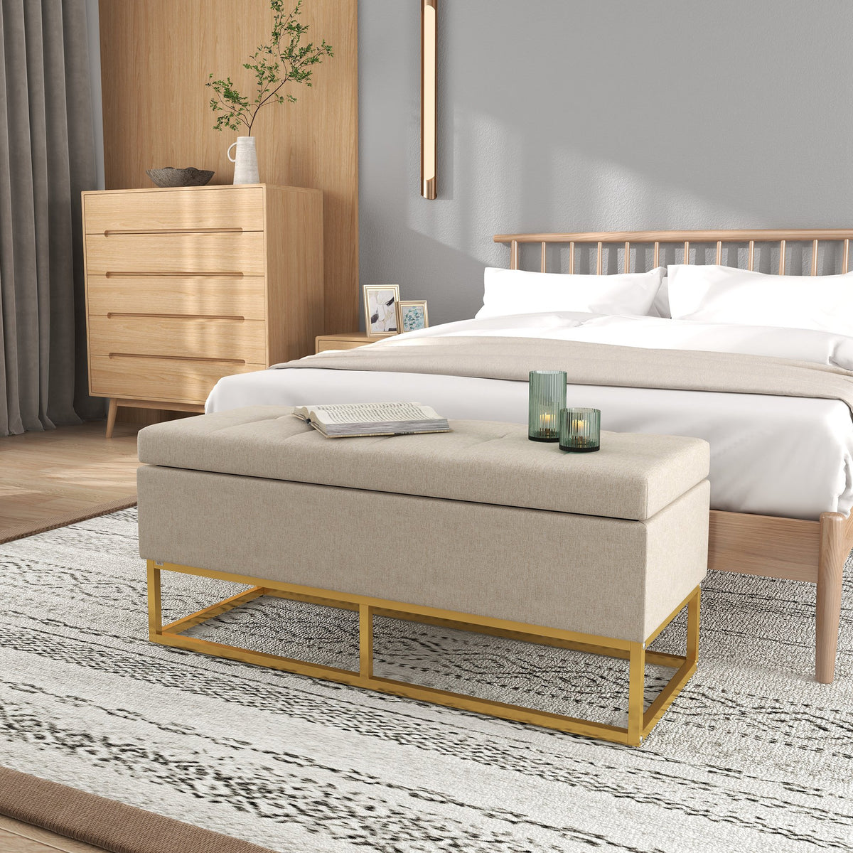 Storage Ottoman with Flip Top, Upholstered Storage Bench, Linen Fabric Footstool with Steel Legs for Living Room, Bedroom, Beige