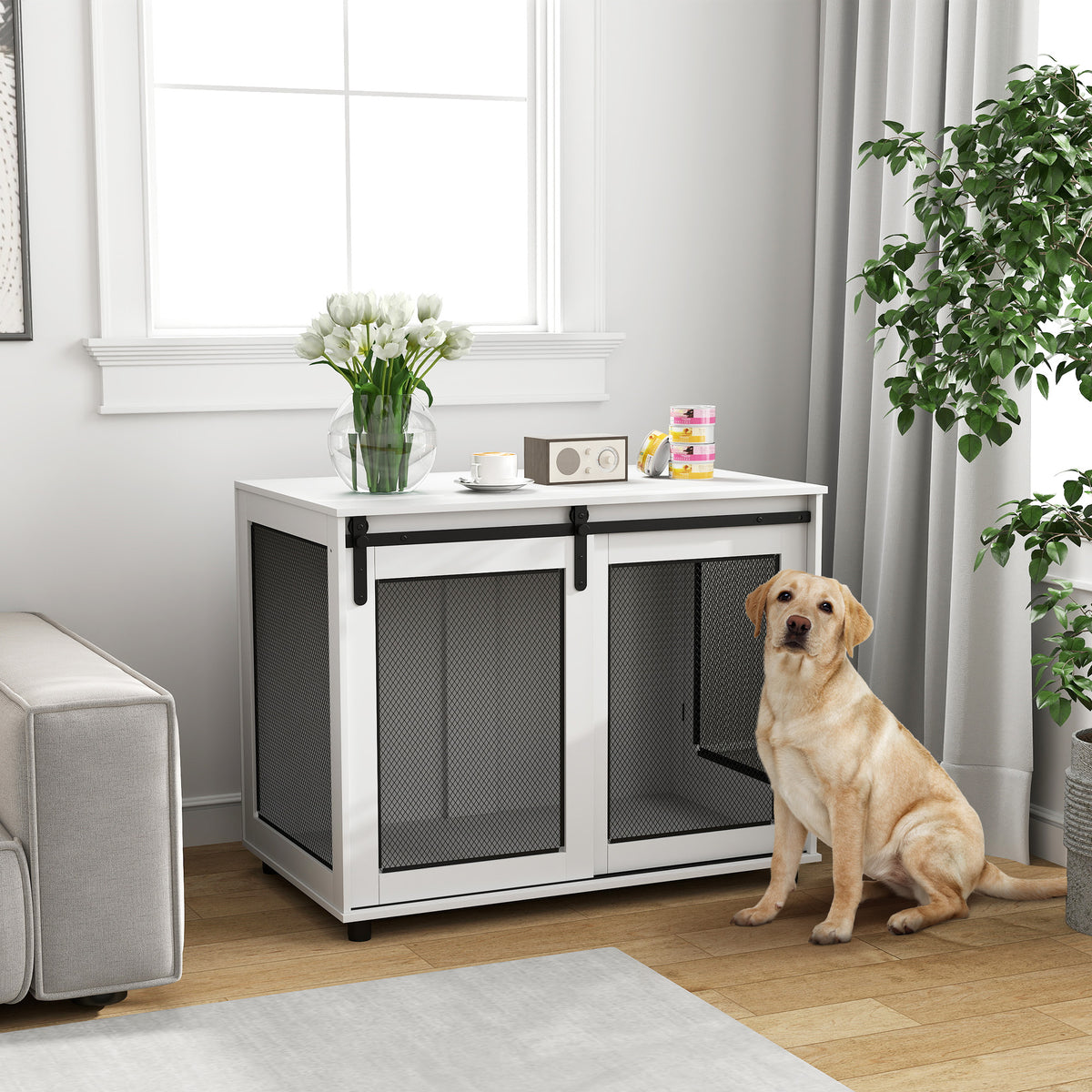 39" Dog Crate Furniture with Sliding Barn Door, Furniture Style Dog Cage End Table for Large Dogs, White