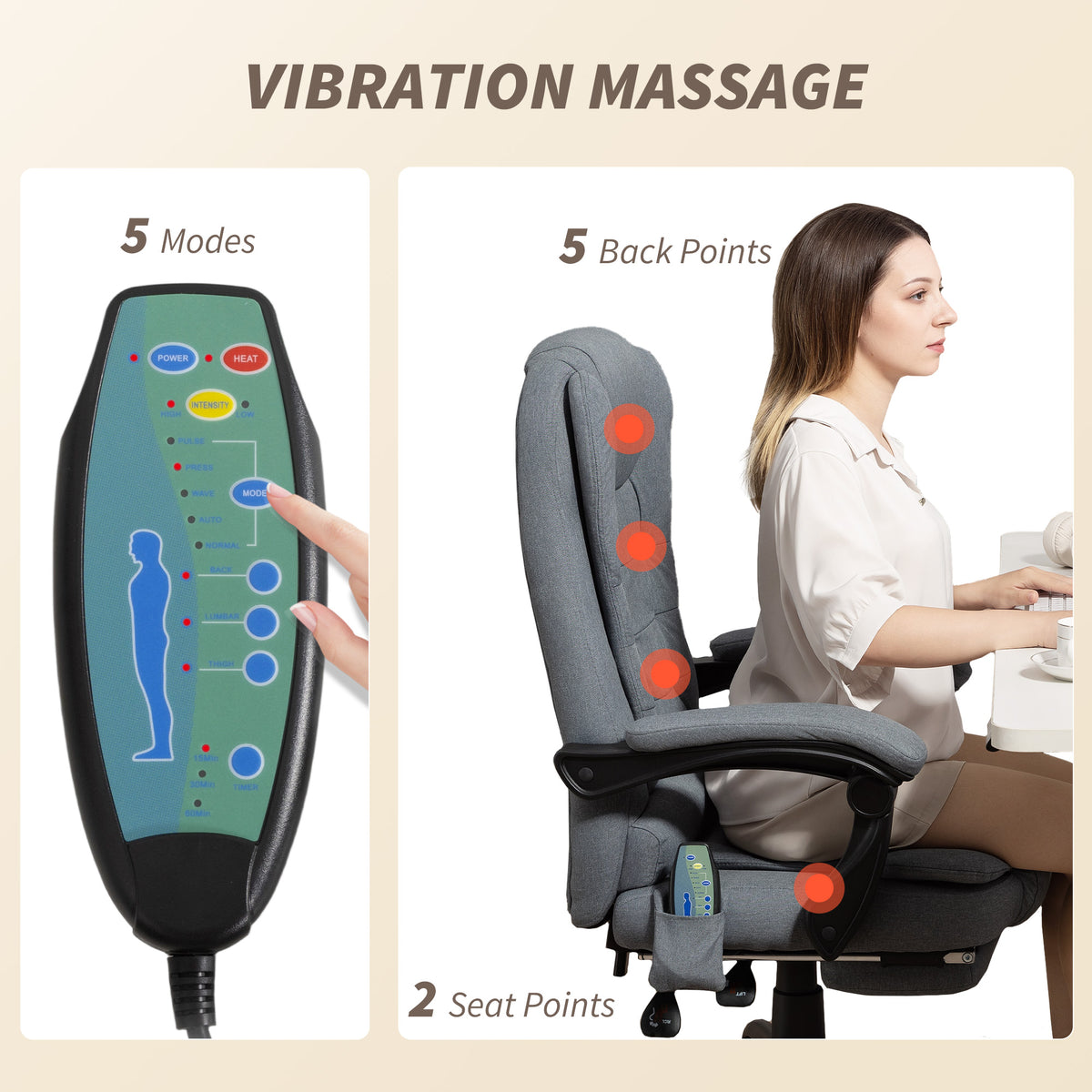 7-Point Vibrating Massage Chair, Reclining Office Chair with Footrest, Reclining Back, Adjustable Height, Grey