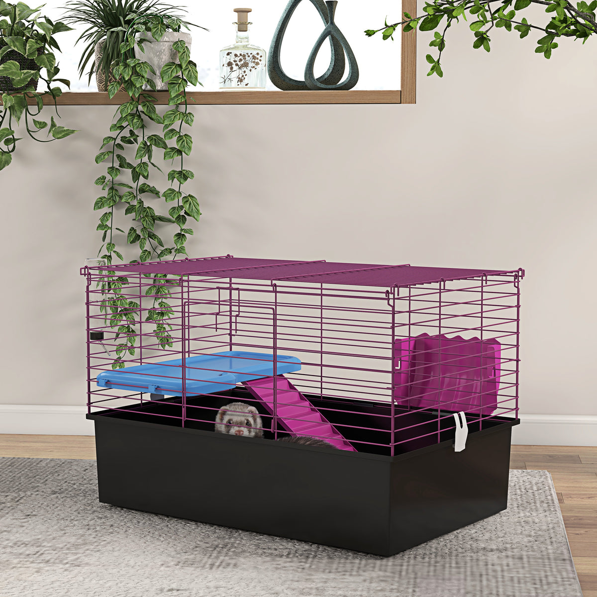 18.5" Small Animal Cage with Water Bottle, Food Dish, Platform, Ramp, Black – view 7