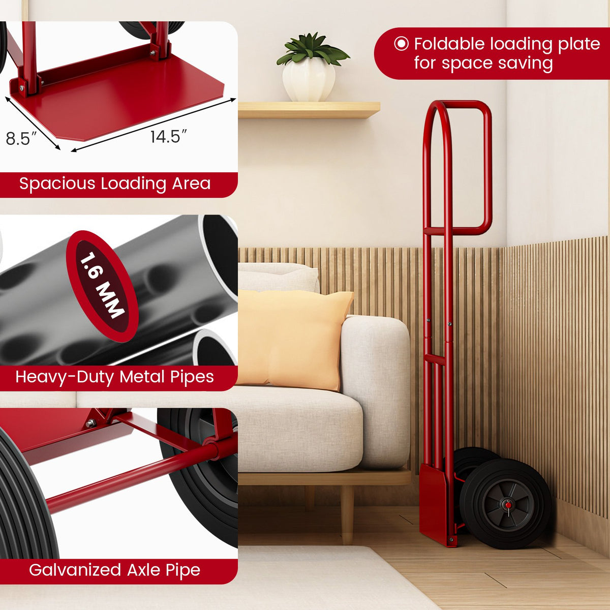 P-Handle Sack Truck with 10 Inch Wheels and Foldable Load Area-Red view 9