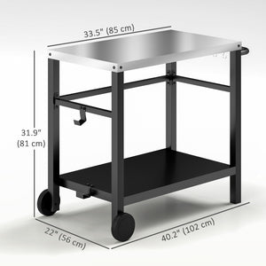 Outdoor Grill Dining Cart with Stainless Steel Tabletop, 2-Shelf BBQ Movable Pizza Oven Stand with Wheels, Charcoal Grey