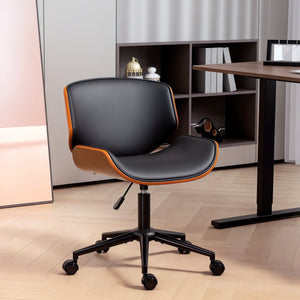Mid-Century Modern Office Chair No Arms with Wheels, Small Computer Desk Chair with PU Leather Upholstery, Bentwood
