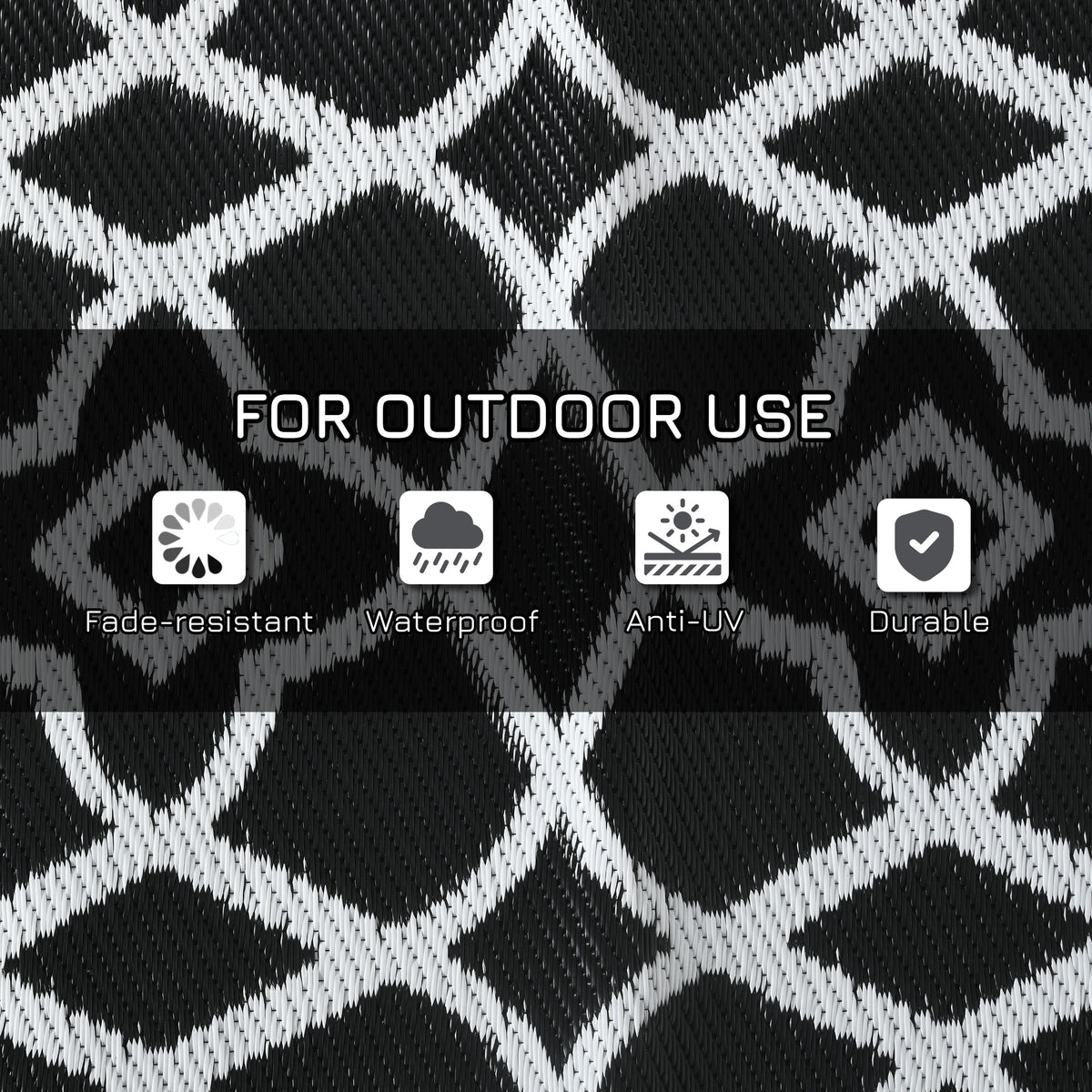 Reversible Outdoor Rug, Waterproof Plastic Straw RV Rug with Carry Bag, 9' x 18', Black and White Clover