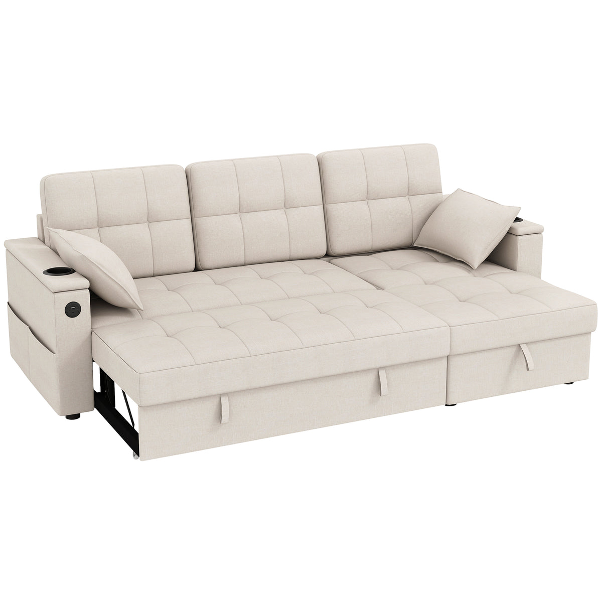 Convertible Sectional Sofa Bed, Pull Out Sleeper Sofa Couch with USB‑A+C, Chaise Storage