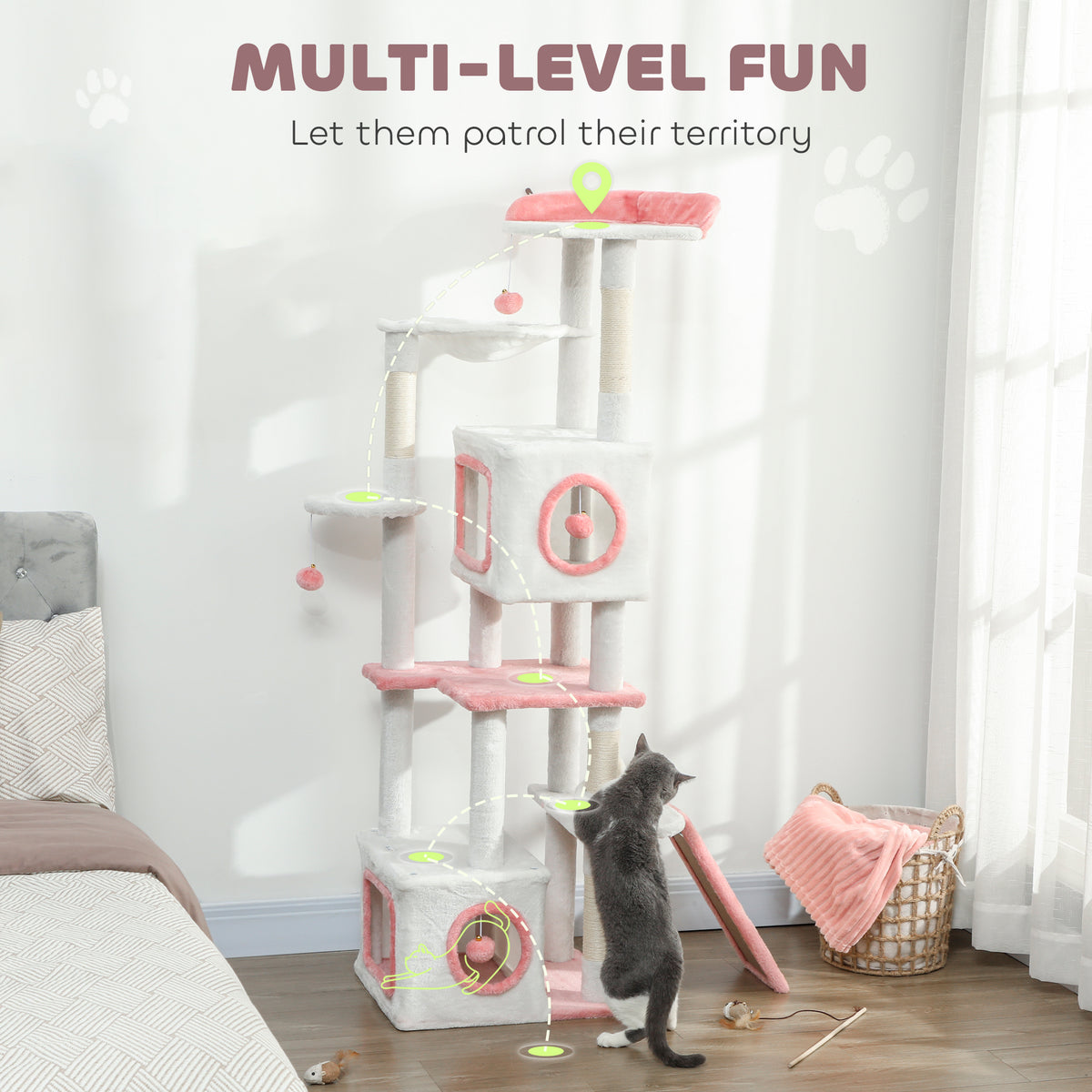 65 Inch Cat Tree with 2 Doors Condos, Plush Top Perch, Hammock, Sisal Scratching Posts, 4 Pompoms, Ramp – view 10
