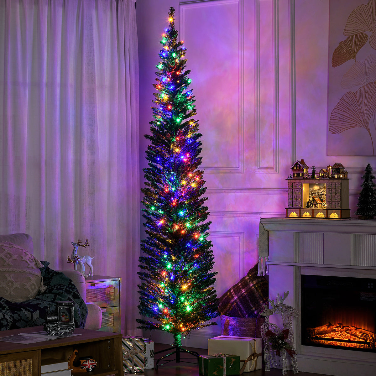 7.5' Artificial Pencil Christmas Trees Holiday Decoration with Colourful LED Lights, Steel Base, Skinny Shape