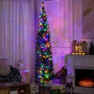 7.5' Artificial Pencil Christmas Trees Holiday Decoration with Colourful LED Lights, Steel Base, Skinny Shape