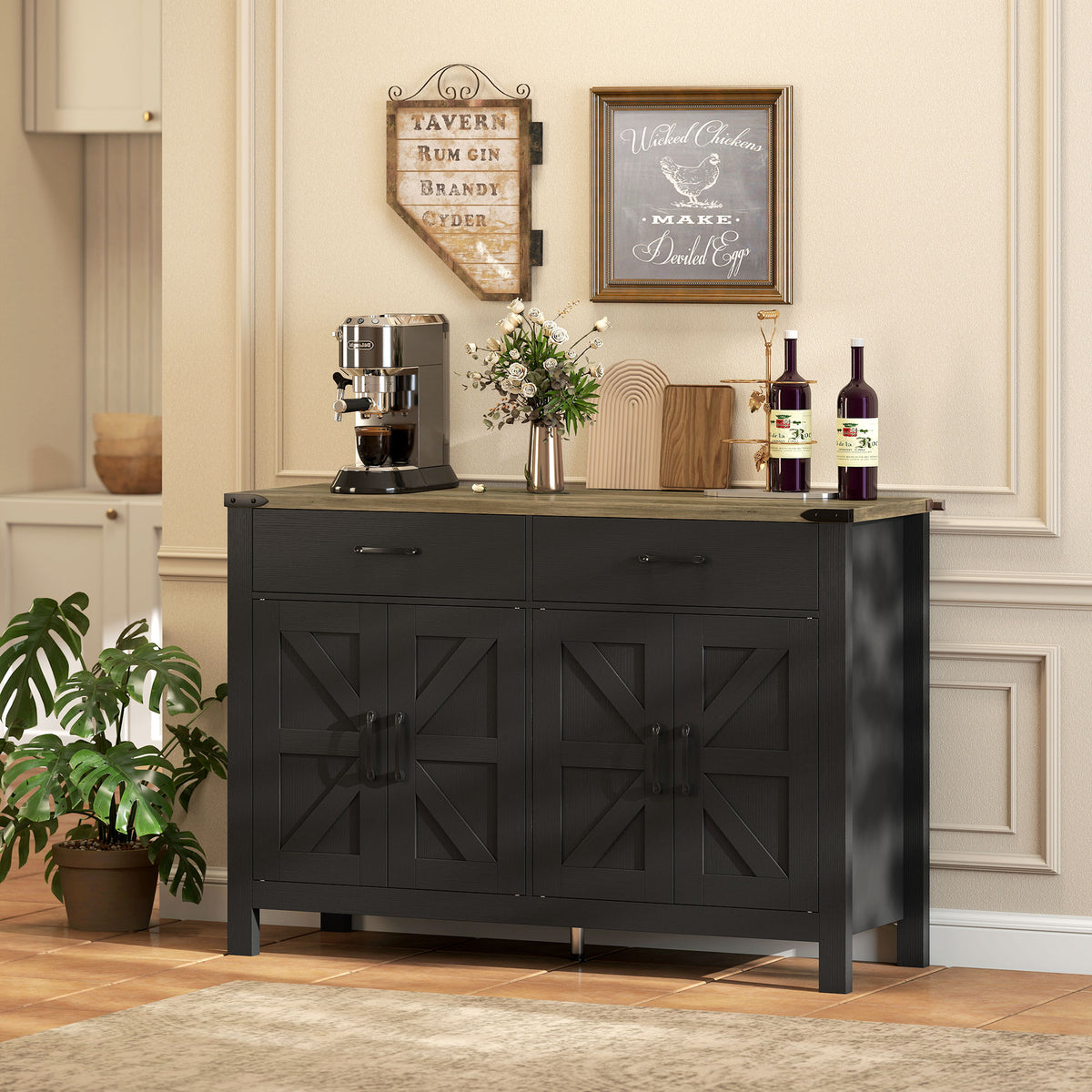 Side Cabinet, Farmhouse Kitchen Storage Cabinet w/ 2 Drawers and Shelves for Living Room, Entryway, Grey – view 25