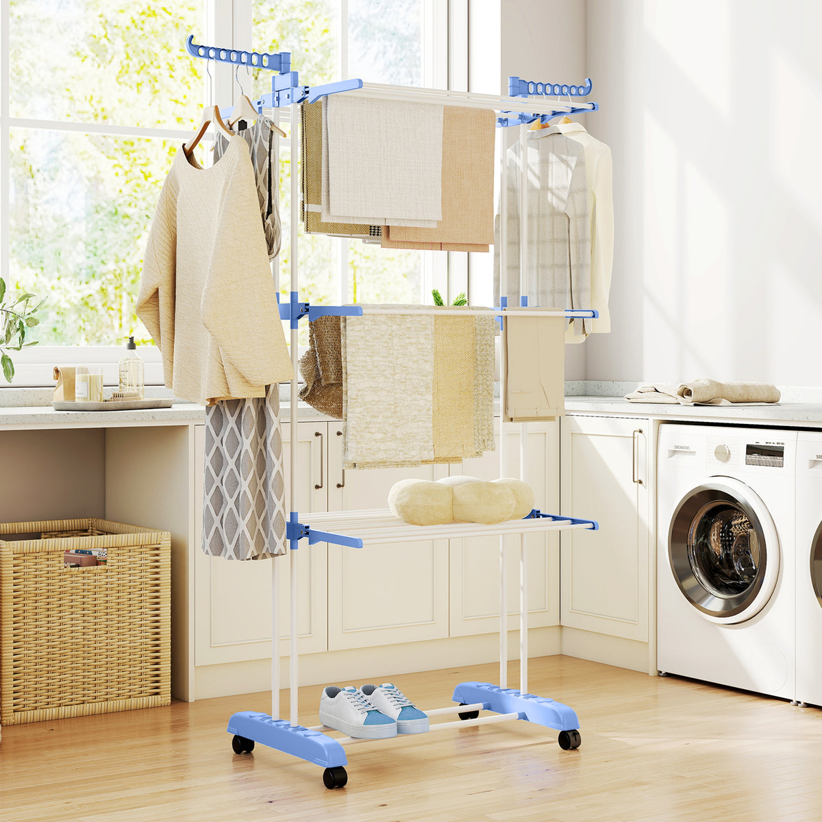 Foldable Clothes Drying Rack, 4-Tier Steel Laundry Rack for Drying Clothes with 2 Side Wings and 4 Castors – view 14