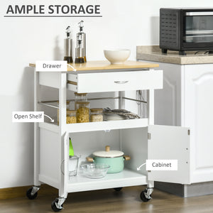 Kitchen Cart, Utility Trolley, Small Kitchen Island with Storage Drawer & Side Hooks for Dining Room, White