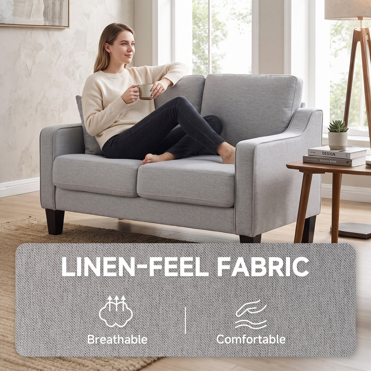 Loveseat Sofa, Modern Couch with Pocket Spring, Linen Upholstered, Thick Padded, Beige – view 19