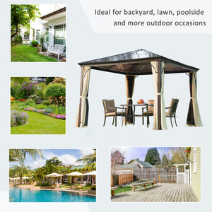 10 x 10 ft Hard Top Gazebo Canopy, Outdoor Patio Shelter with Heavy-Duty Metal Frame, Sun Shade with Curtains and Waterproof Roof for Backyard, Beige Coffee