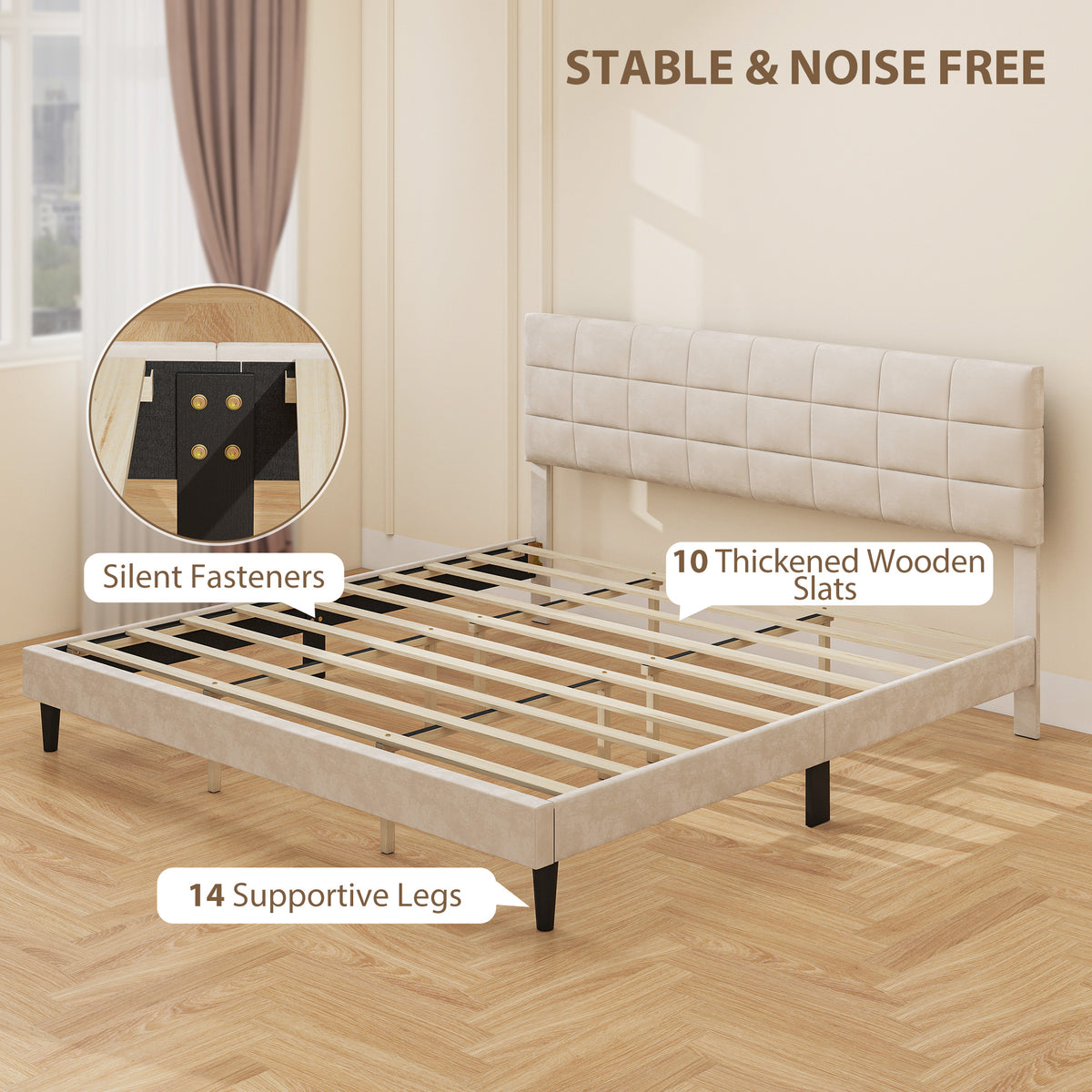 Queen Size Bed Frame with Upholstered Headboard, Modern Platform Bed Frame with Wood Slats, 1100 lbs Capacity, Cream