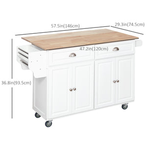 Kitchen Island with Storage, Rolling Kitchen Island with Drop Leaf, Rubber Wood Top and Adjustable Shelves, White