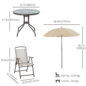6 Pieces Outdoor Dining Set for 4 with Umbrella Patio Outdoor Furniture Set with Round Table 4 Folding Chairs Cream
