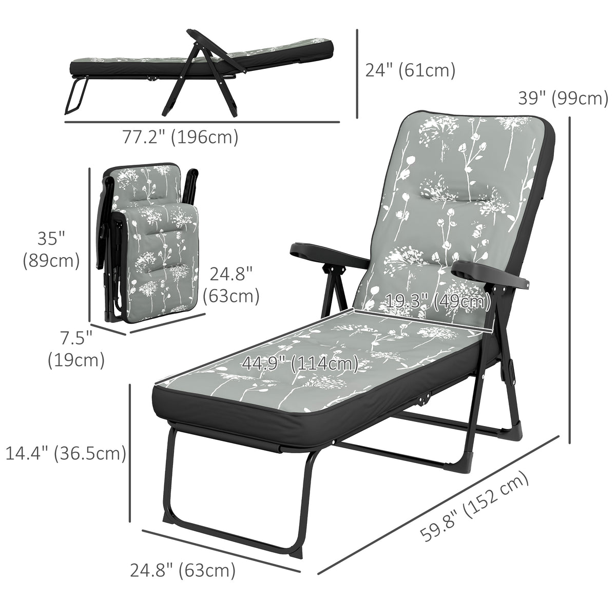 Outdoor Lounge Chair with Padded Cushion, Folding Reclining Patio Garden Chair with Recline Back, Footrest – view 16