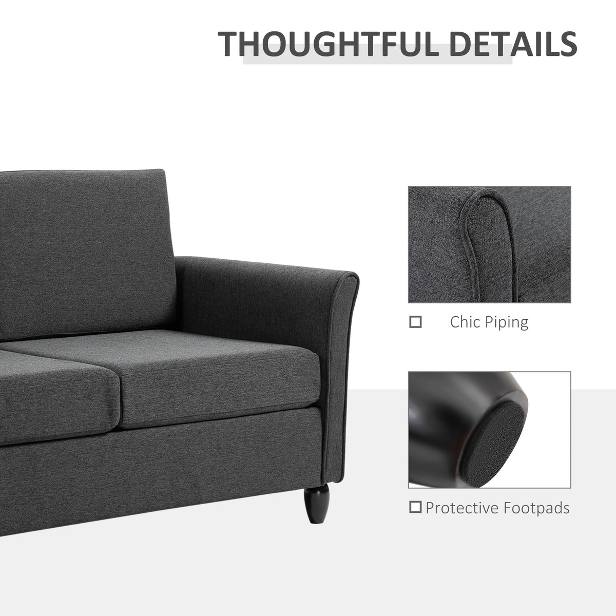 2-Seat Sofa Two-Seater Couch with Armrests and Wood Legs for Living Room, Bedroom, Dark Grey – view 4