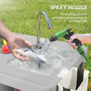 Folding Fish Cleaning Table with Sinks, Camping Sink with Faucet Drainage Hose Sprayer Shelf, Grey – view 4