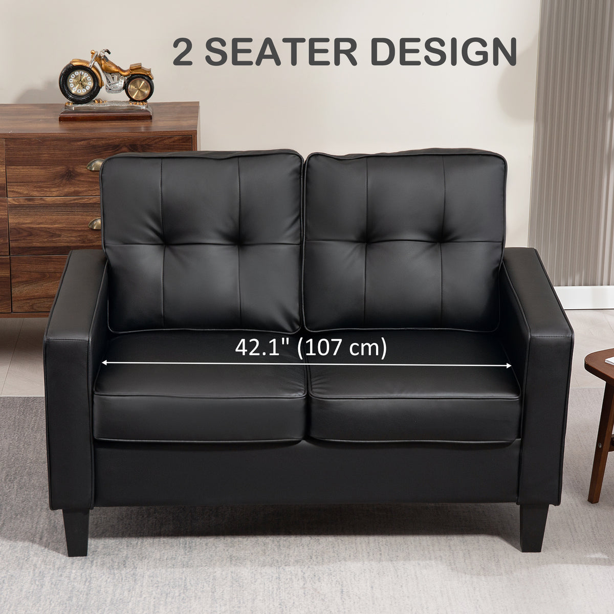 51" Double Sofa Couch, Upholstered PU Leather Loveseat with Armrests, Tufted Backrest, Cushion, Black – view 5