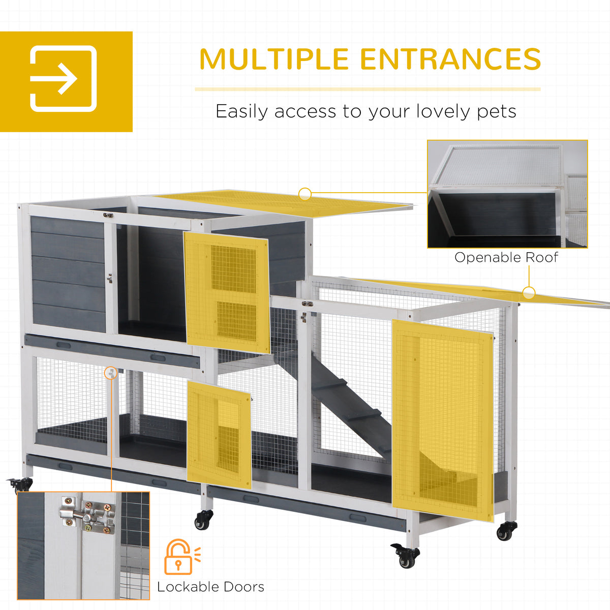 Wooden Rabbit Hutch Elevated Pet House Bunny Cage Small Animal Habitat with Slide-out Tray Lockable Door Openable Top for Indoor 58" x 18" x 35" Grey