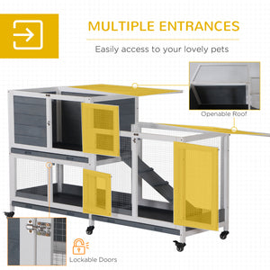 Wooden Rabbit Hutch Elevated Pet House Bunny Cage Small Animal Habitat with Slide-out Tray Lockable Door Openable Top for Indoor 58" x 18" x 35" Grey