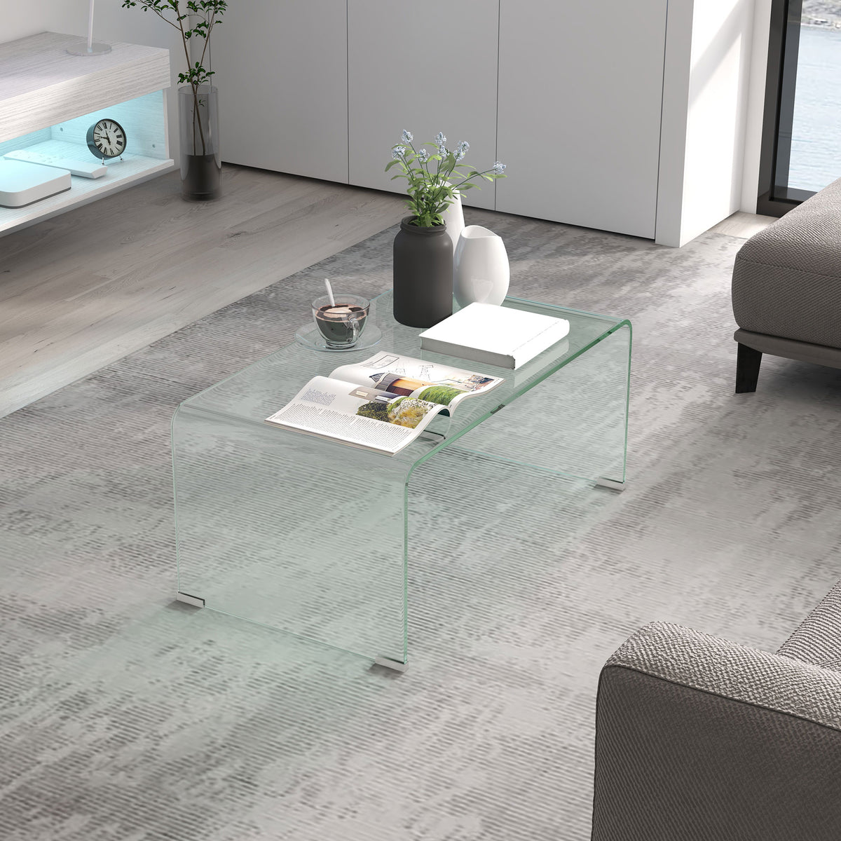 Glass Coffee Table, Clear Coffee Table for Living Room, Modern Rectangle Center Table with Safe Rounded Edges