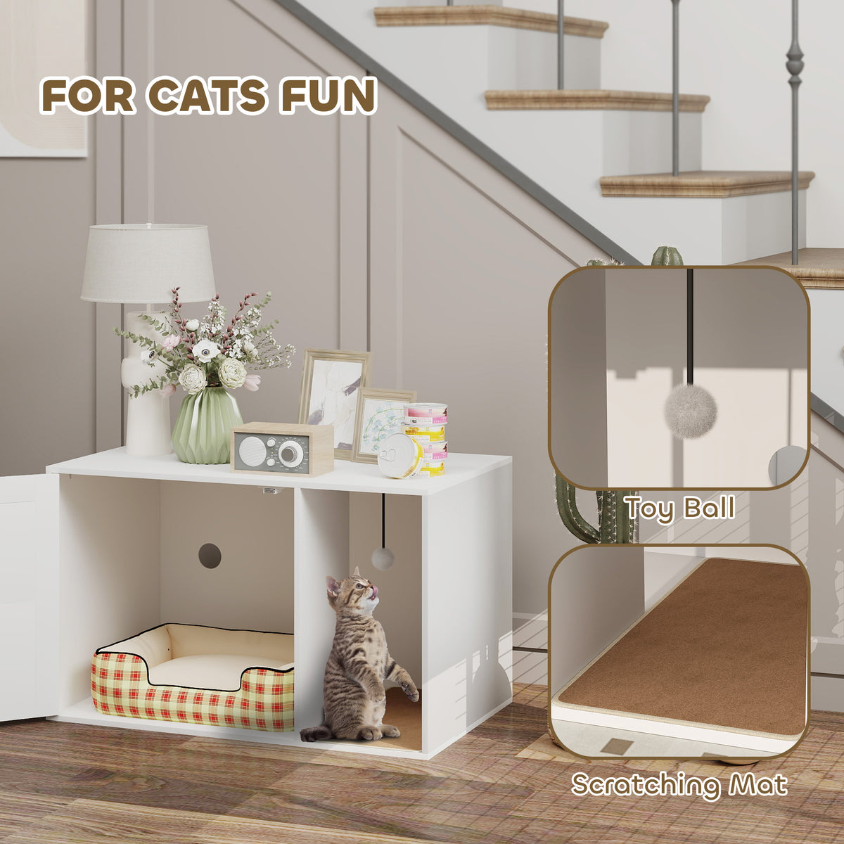 Cat Litter Box Enclosure, Cat Washroom End Side Table with Rattan Door, Scratching Pad, Non-slip Foot Pads – view 13