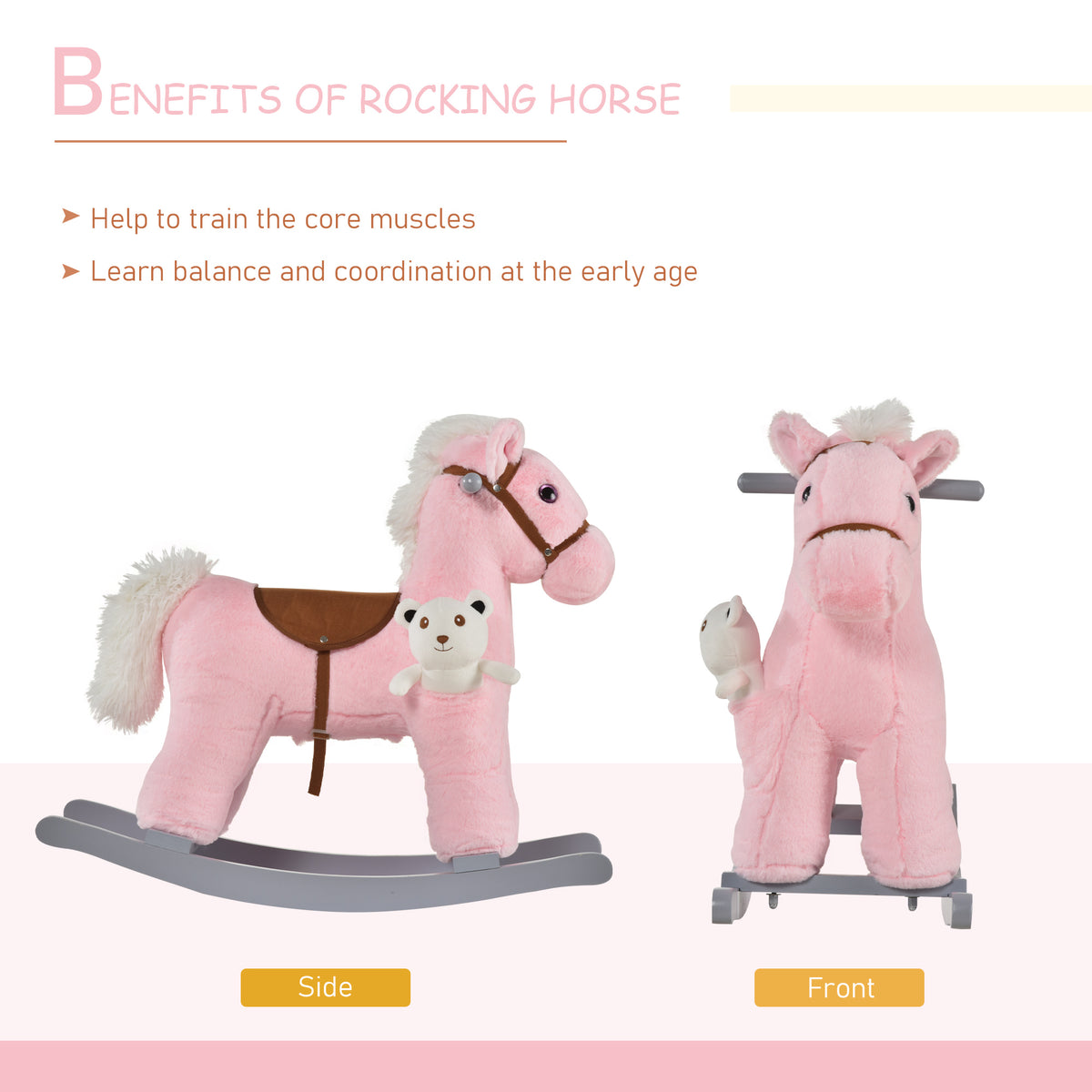 Qaba Kids Rocking Horse Plush Animal on Wooden Rockers with Sounds, Wooden Base and Bear Toy, Baby Rocking Chair