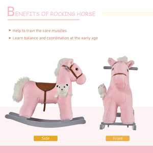 Qaba Kids Rocking Horse Plush Animal on Wooden Rockers with Sounds, Wooden Base and Bear Toy, Baby Rocking Chair