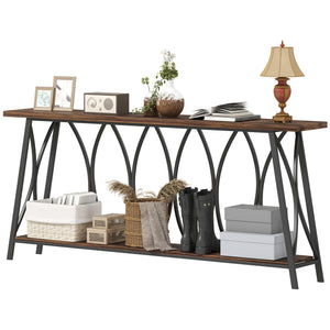 71" Console Table, Industrial 2-Tier Narrow Entryway Table with Metal Frame for Living Room, Hallway, Rustic Brown