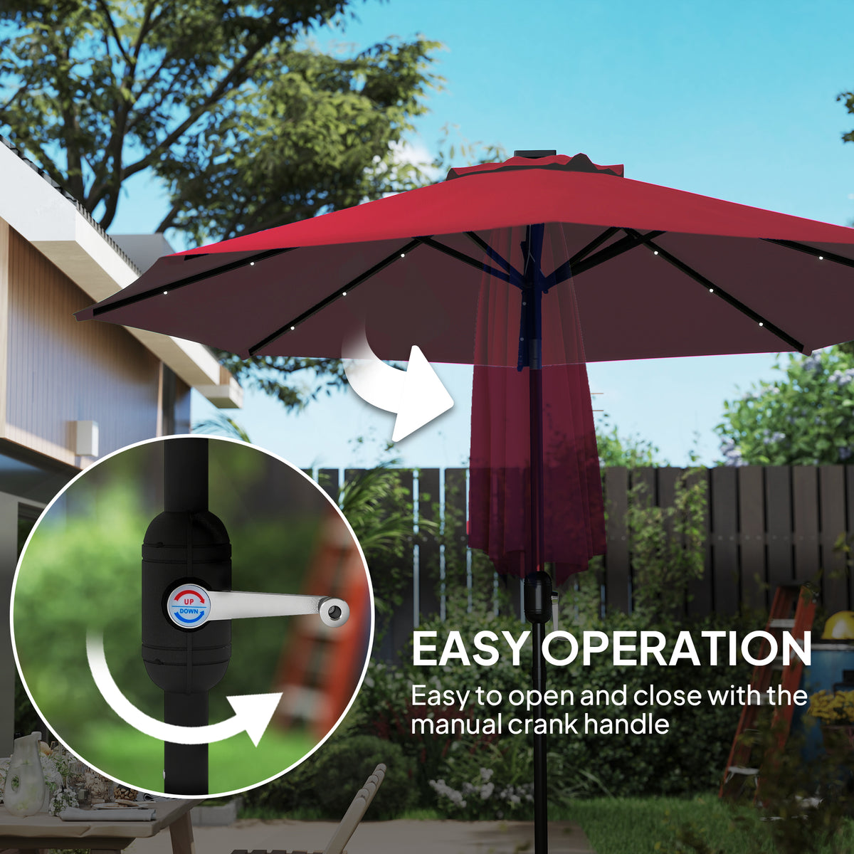 9ft Solar Patio Umbrella Outdoor Sunshade 24 LED Lights Tilt Canopy Wine Red – view 6