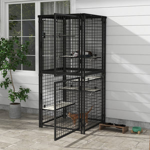 Cat Cage Multi-Level Catio Steel Outdoor Cat Enclosure w/ UV-and Water Resistant Cover, 5 Platforms, Soft Pads, Black