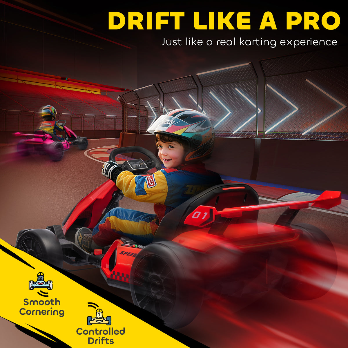 Aosom 24V Electric Go Kart, Battery Powered Kids Drift Kart with Adjustable Seat, Seat Belt, Horn, Music, Light
