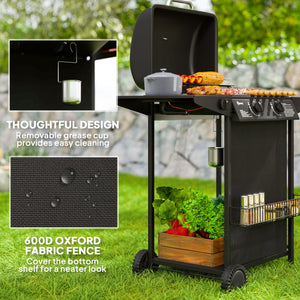 2+1 Burner Propane Gas BBQ Grill, Portable Gas Barbecue Grill with Side Burner, Thermometer, Lid, Side Table, Shelf, Spice Rack, Wheels, Grease Cup for Garden, Black