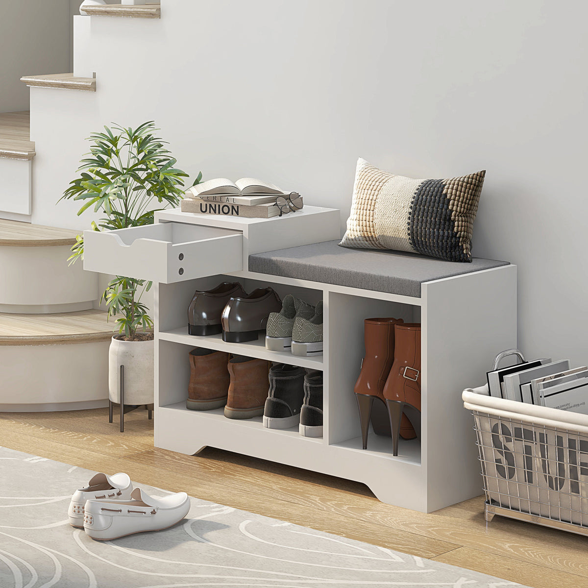 Upholstered Shoe Storage Bench, Hallway Shoe Storage with Seat, Drawer, 3 Open Shelves for Entryway, Grey – view 21