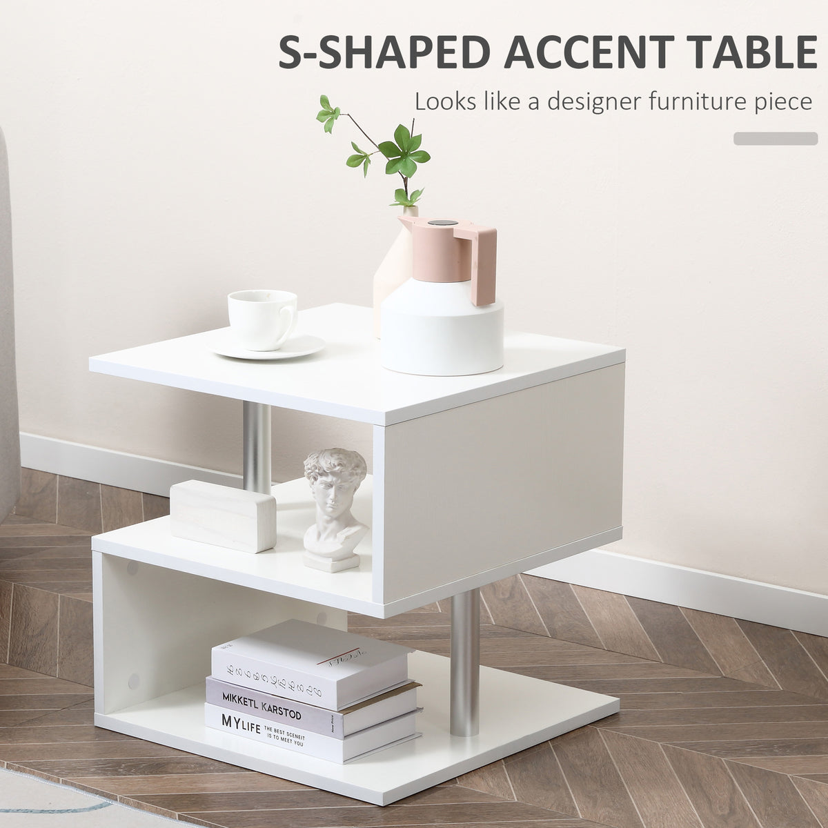 Wooden S Shape End Table 3 Tier Storage Shelves Organizer Living Room Side Table Desk White